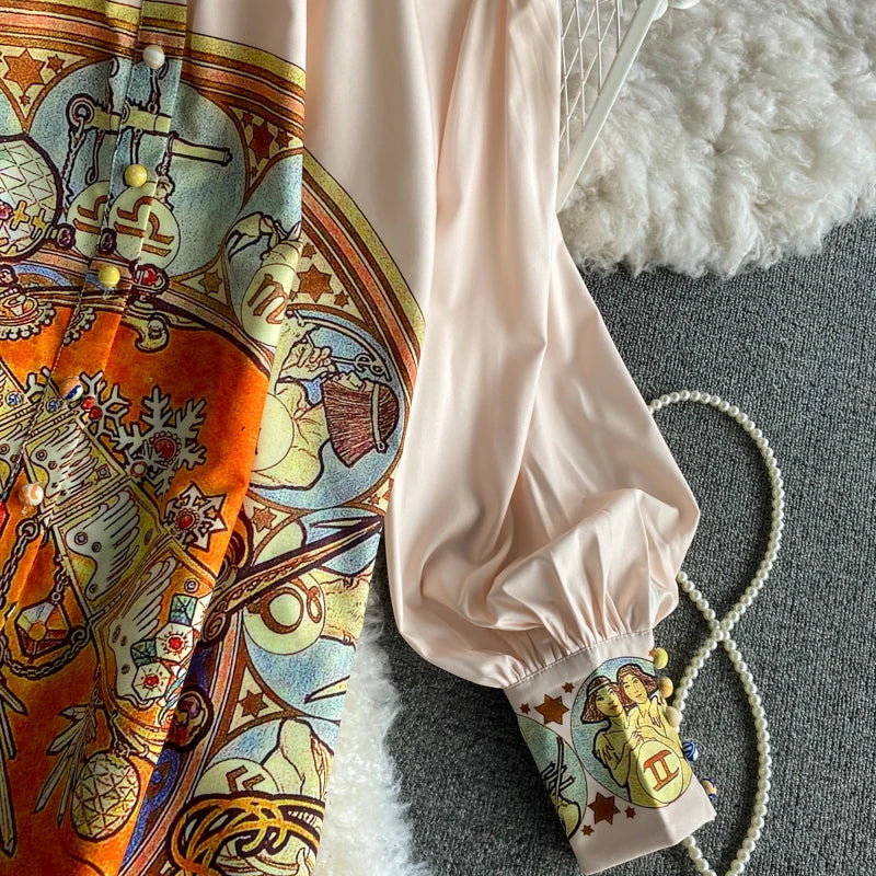 Women Printed Two Piece Set Retro Chic Spring Fragmented Flower Shorts+Long Sleeve Shirt Top Elegant Suits Spring Summer Outfits