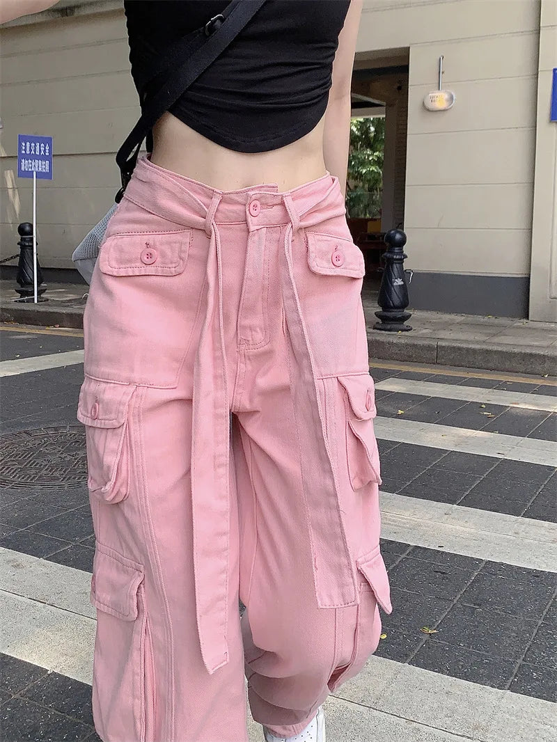 Women's High Waist Cargo Pants with Lace Belt Street Multi Pocket Straight Leg Casual Trousers Spring Autumn New Y2K Vintage