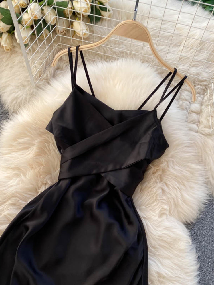 New Women Casual Long Dress Summer Cross V-neck Sexy Off-shoulder Dresses Ladies Sleeveless Slim Satin Long Robe Vestidos