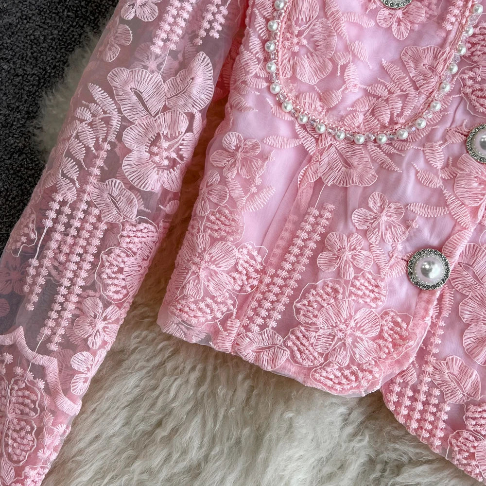 High Quality Floral Embroidery Two Piece Sets Women Suits Elegant OL Long Sleeve Shirt Mid Skirts 2 Piece Outfits Female