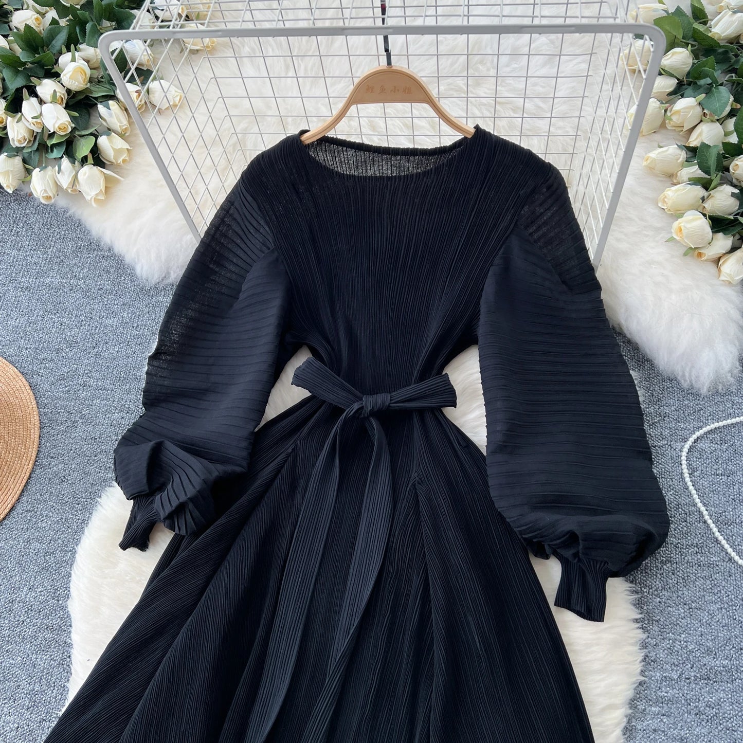 Vintage Elegant Lantern Sleeve Sweet Pleated Dress Women Basics Fashion Summer Spring Dresse
