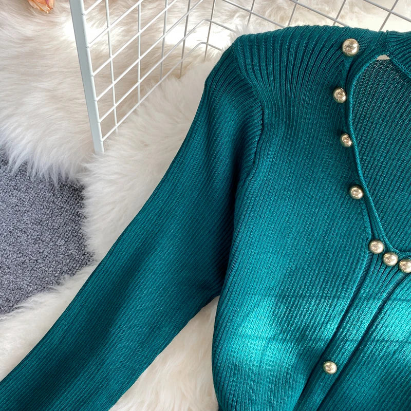 Women Chic Hollow Elegant Long Sleeve Bodycon Dress Sexy Party French Fashion Knit Wrap Vestidos Tight Slim Pencil Dress