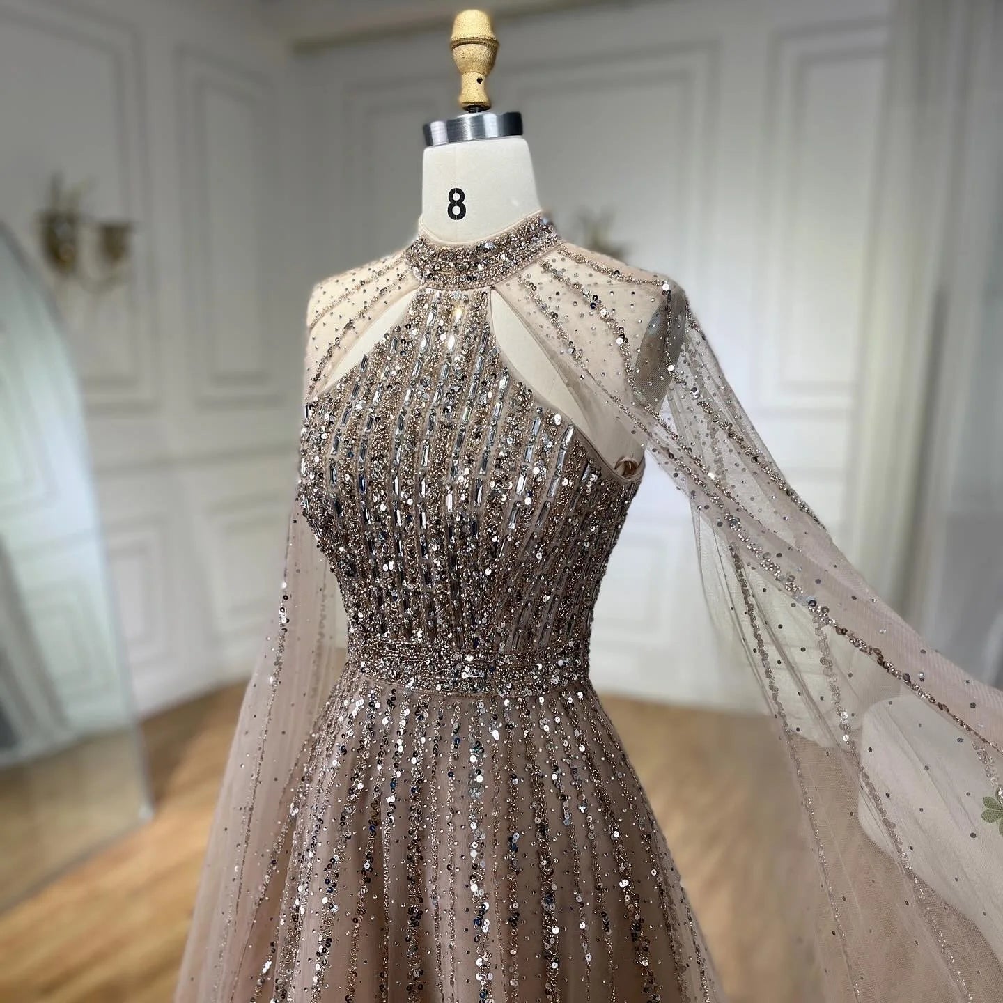 SERENE HILL 2024 Caramel Arabic Dubai Luxury Beaded Cape Sleeves Evening Dresses Formal Gowns For Women Wedding Party GLA72306A