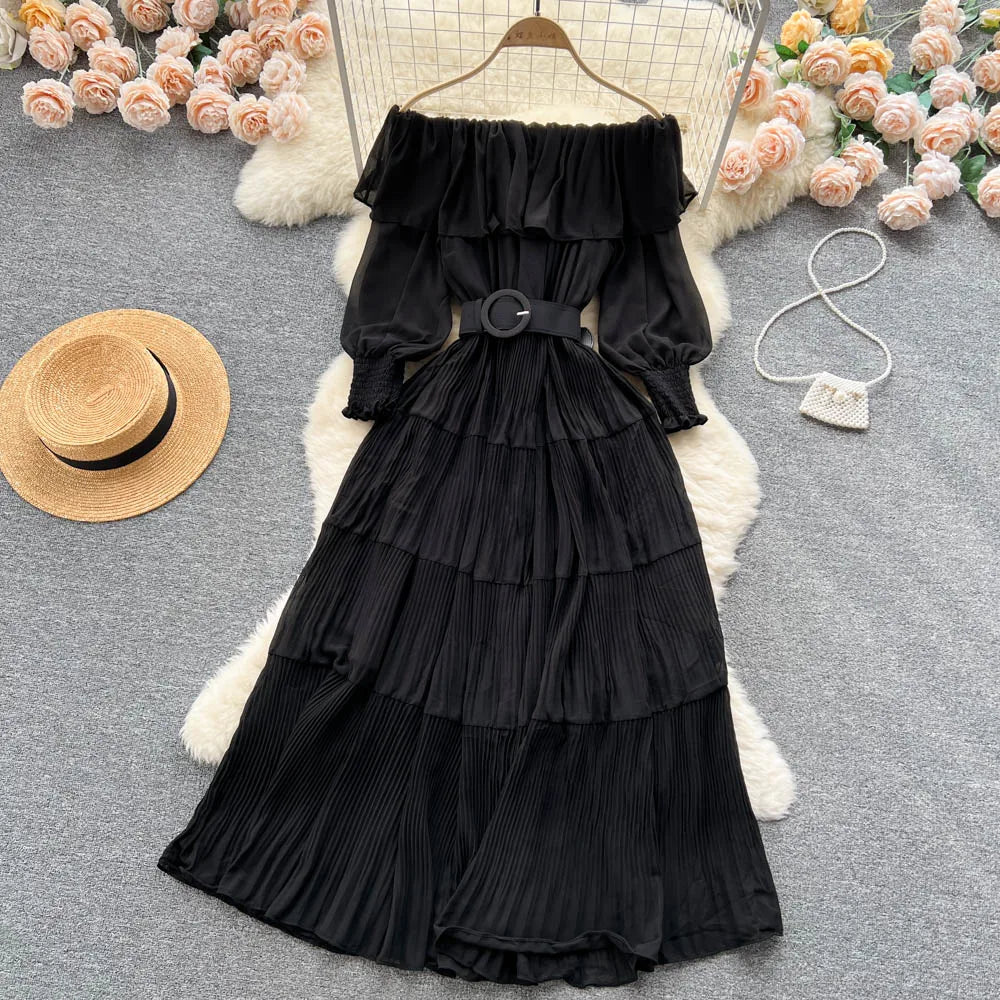 Vintage Pleated Slash Neck Off Shoulder High Waist Dress Long Sleeve Dress Chic Summer Beach Vestidos Women Vacation Sundress