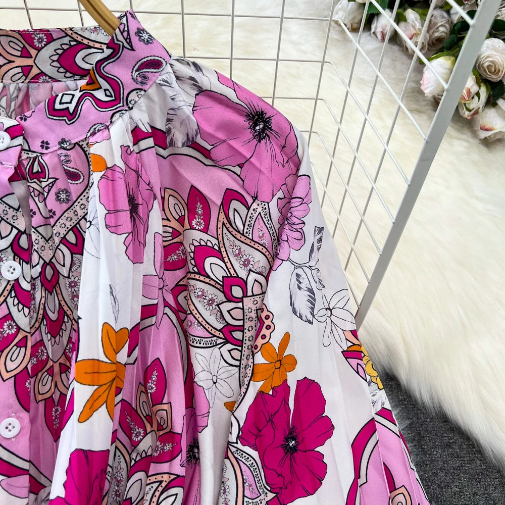 Elegant Women Casual Floral Print Party Dress Vintage Lantern Sleeve A-Line Pleated Prom Birthday Clothes Female Fashion Robe