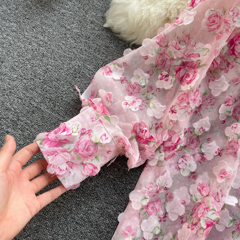 Clothland Sweet Appliqued Floral Blouse Suit Two Piece Pink Set Long Sleeve Shirts Mini Shorts Spring Set TZ228