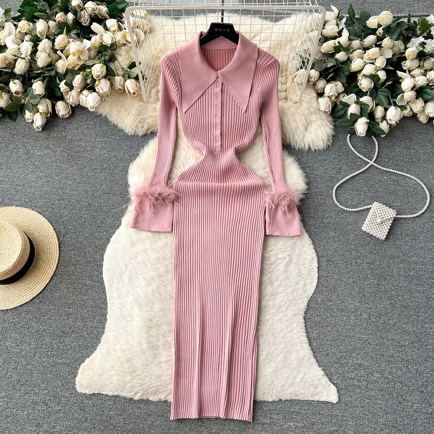 Elegant Turn-down Collar Feather Long Sleeve Knit Bodycon Pencil Dress Slim Fashion Sweater Vestido Sexy Women Winter Clothing
