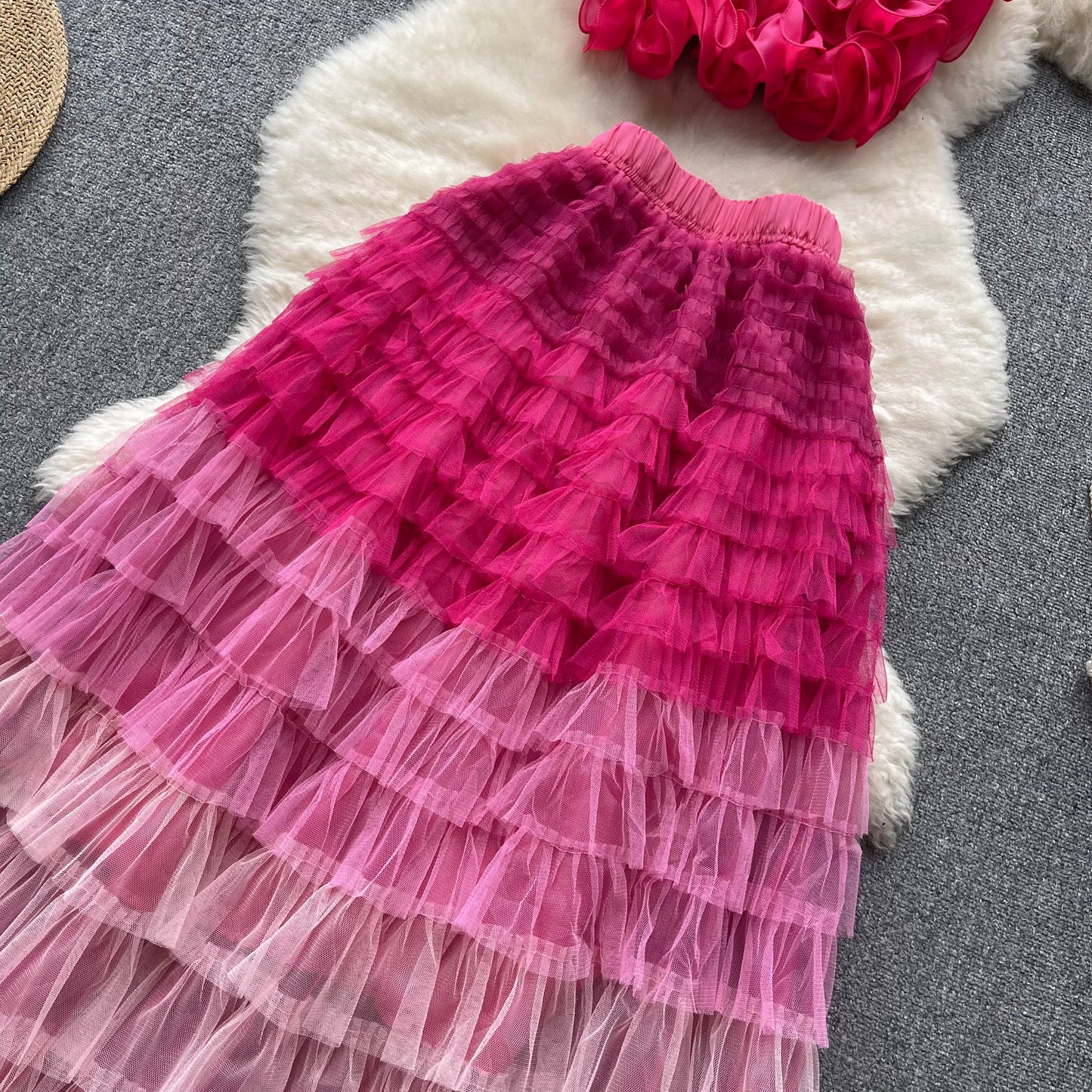 New Women Two Piece Set Summer Three-dimensional Flower Mesh Vest Tank Tops+mesh Long Skirts Fashion Korean Outfits