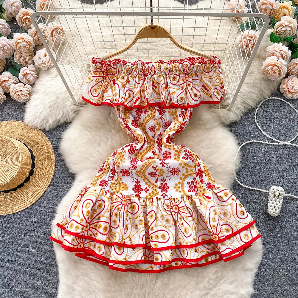 Vacation Beach Dress Women Summer Ruffle Hem Vintage Cutwork Embroidery Dress Front Lace Up Sexy Off Shoulder Mini Party Dress