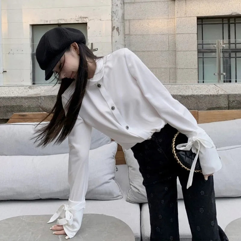 Spring and Autumn New Long sleeved Single breasted Shirt Blouse Women's Palace Style Satin Effect White Shirt with Ribbon Design