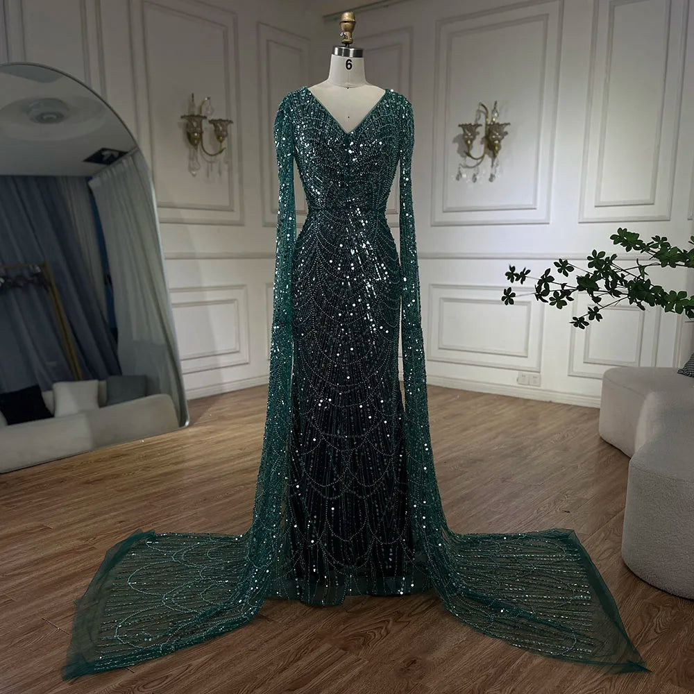 Serene Hill Arabic White Luxury Pearls Beaded Mermaid Cape Sleeves Evening Gowns 2024 For Women Wedding Party LA72160