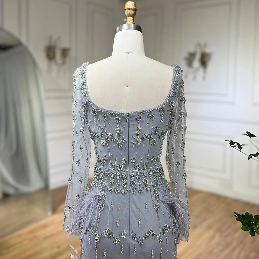 Serene Hill Muslim Turquoise Mermaid Elegant Evening Dresses Gowns 2024 Luxury Beaded Feather For Women Party LA71722