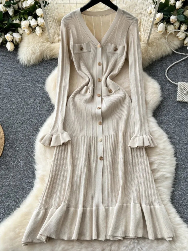 Elegant Women Solid Knitted Dresses Autumn V-Neck Single Breasted Chic Flared Sleeve Ruffles Hem Casual Female Slim Office Robes