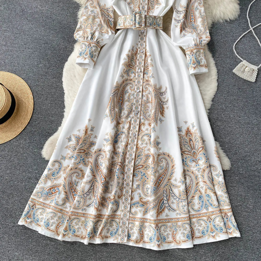 Retro Printed Party Dress Women Polo Collar Long Sleeve Elegant Long Dresses Spring Autumn French Single Breasted Shirt Dress