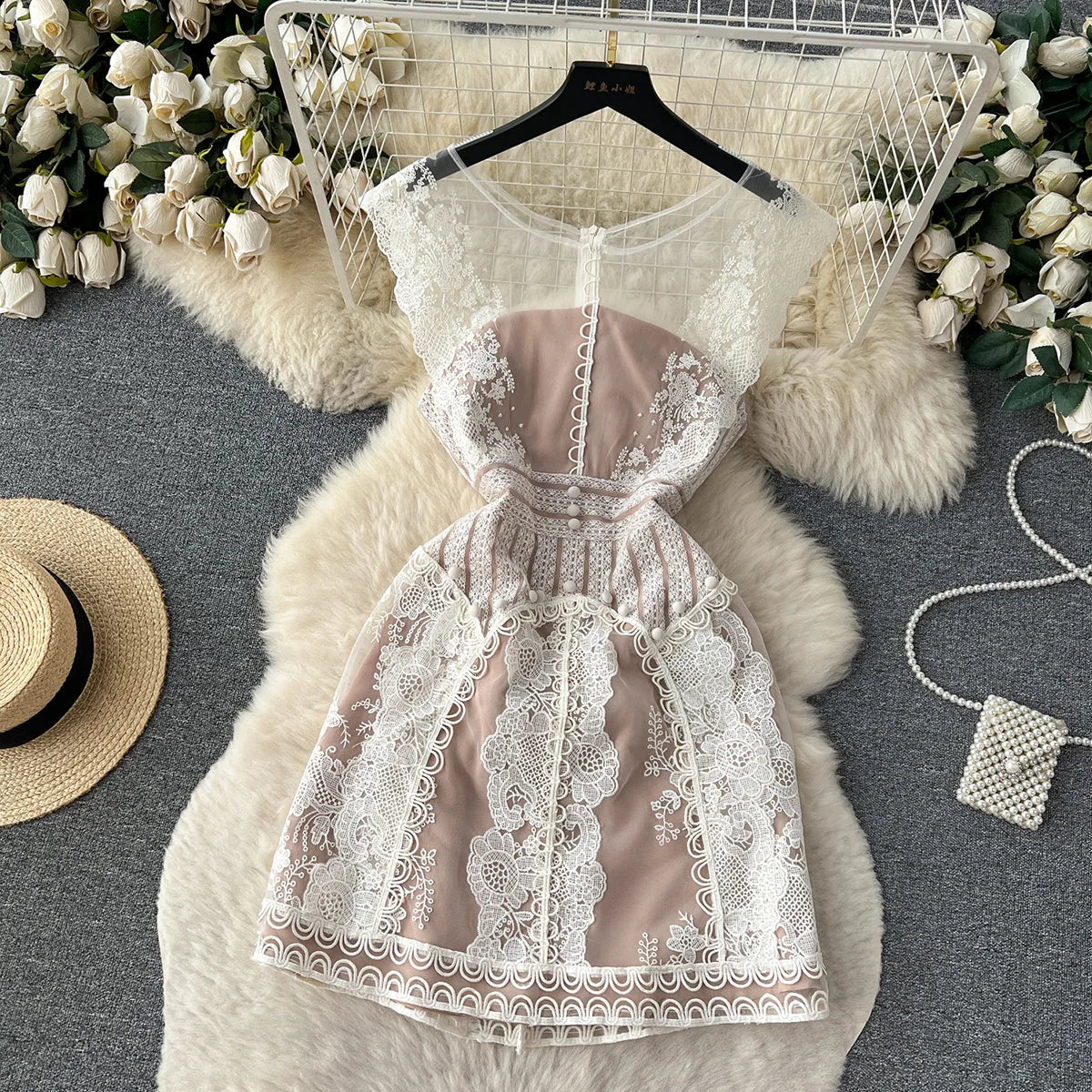 Short Dresses For Women 2023 Wedding Guest Elegant Evening Party Dress Summer Sleeveless Round Neck Luxury Embroidery Lace Dress