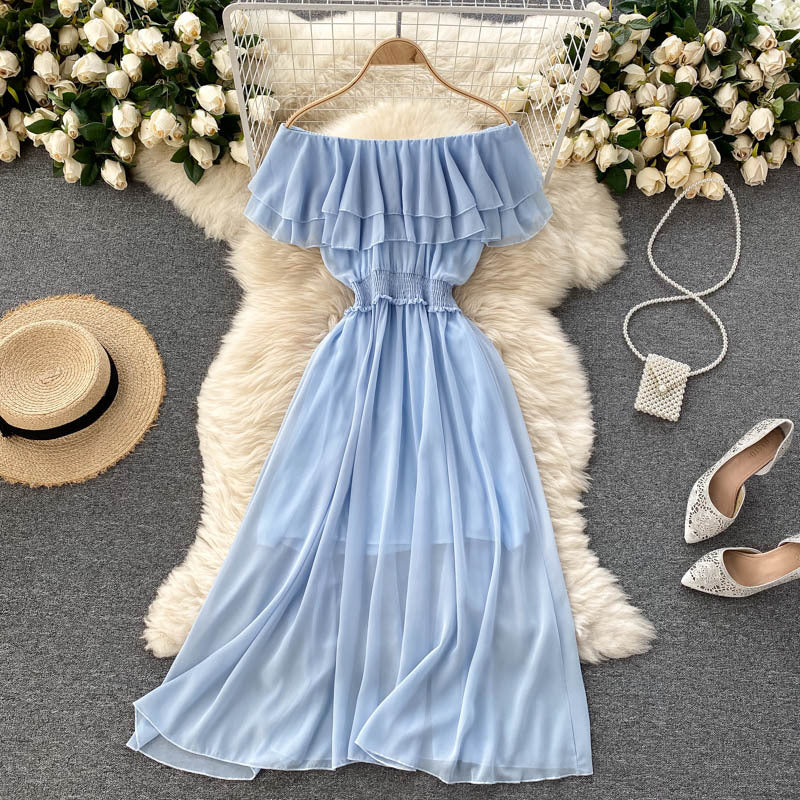 Women Chiffon Beach Dress Sexy Double Layer Ruffled Off The Shoulder Boho Dresses Ladies Sweet Slash Neck Long Dress