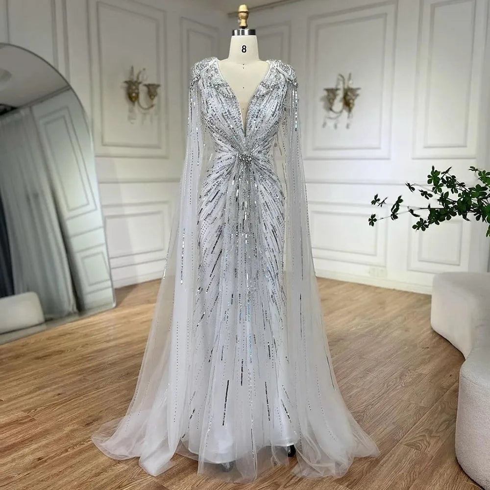 Serene Hill Turquoise Mermaid Evening Dresses Gowns 2024 with Beaded Cape Sleeves Design for Women's Wedding Party BLA72168A