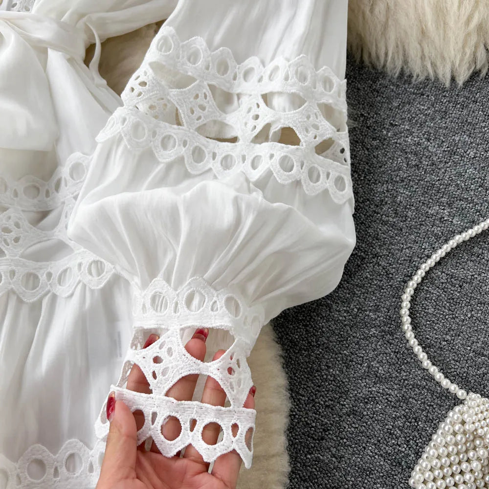 2023 Spring Summer Holiday Dress Women Stand Collar Long Sleeve Button Up Embroidery Trim Luxury Elegant Mini Dress With Belt