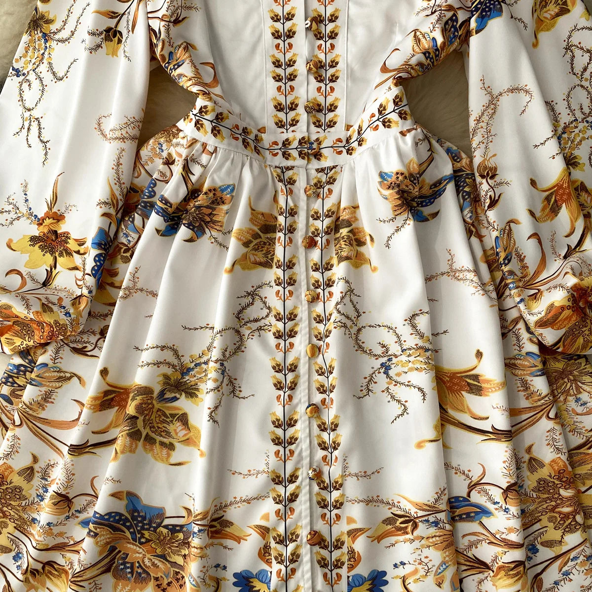New In Dresses 2023 Fashion Women Clothing Party Elegant Vintage Print Dress Front Button Up V Neck Long Puff Sleeve Mini Dress