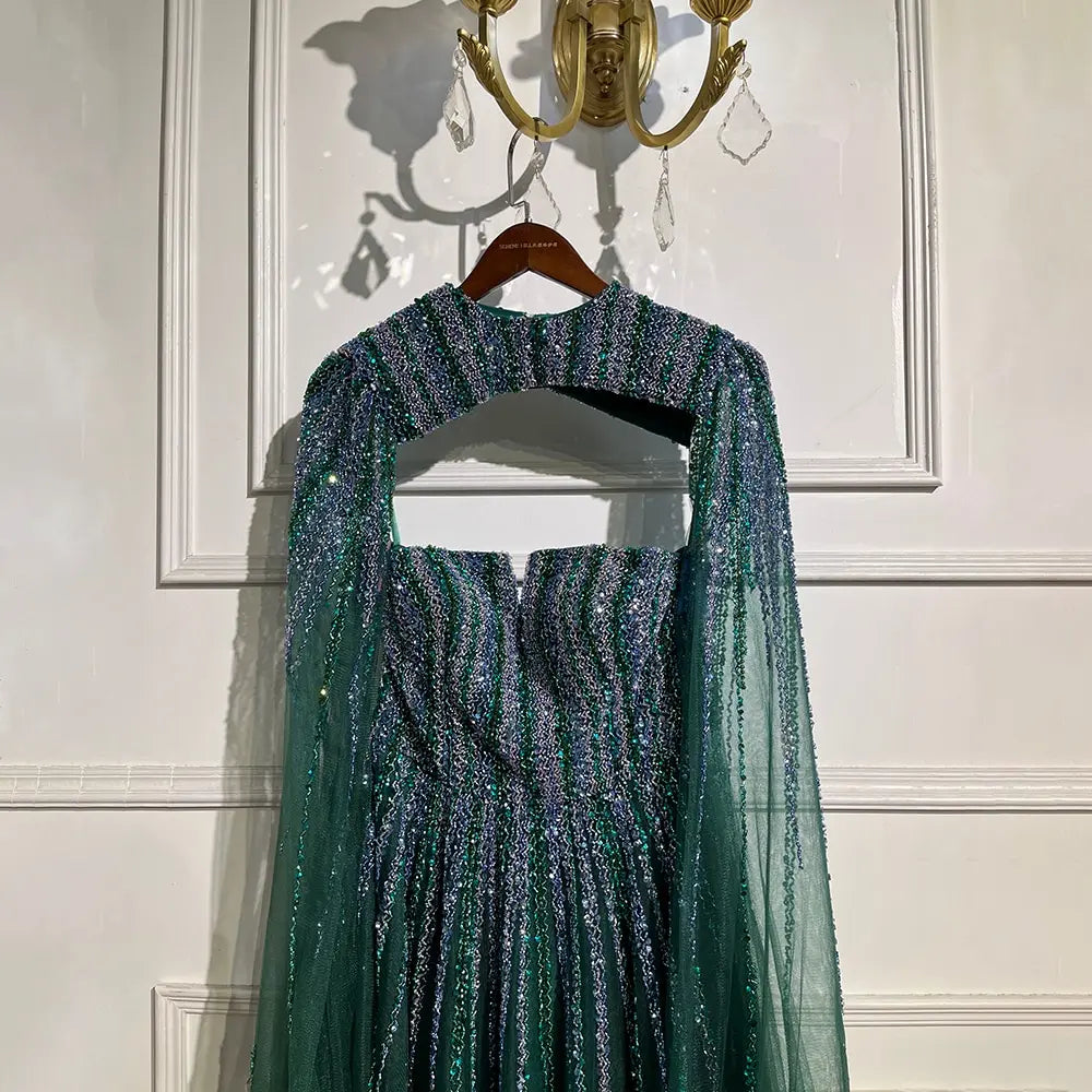 Arabic Green Cape Sleeves A Line Beaded Evening Dresses Long 2023 Celebrity Gowns For Woman Wedding Party BLA71912 Serene Hill