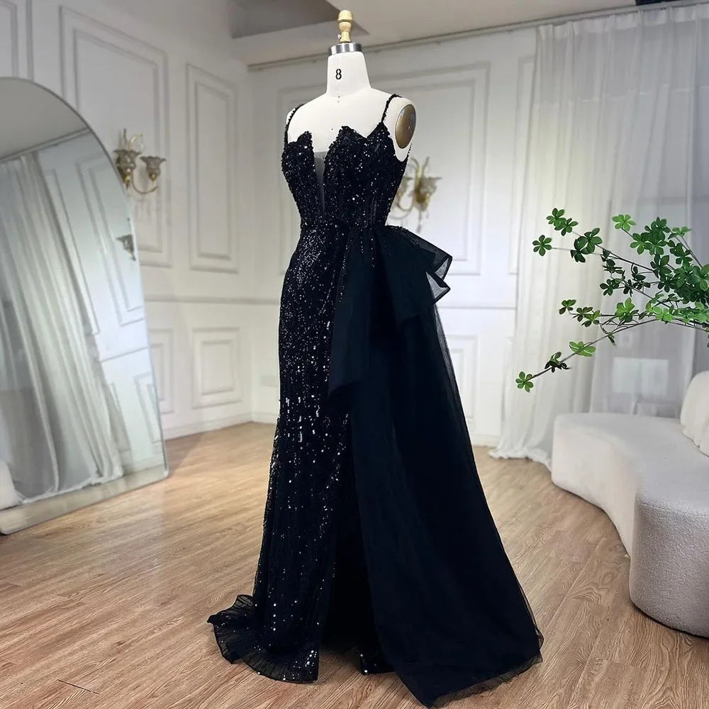 SERENE HILL 2024 Turquoise Spaghetti Strap Luxury Beaded Evening Dresses Mermaid Elegant Overskirt Gown For Women Party GLA72378
