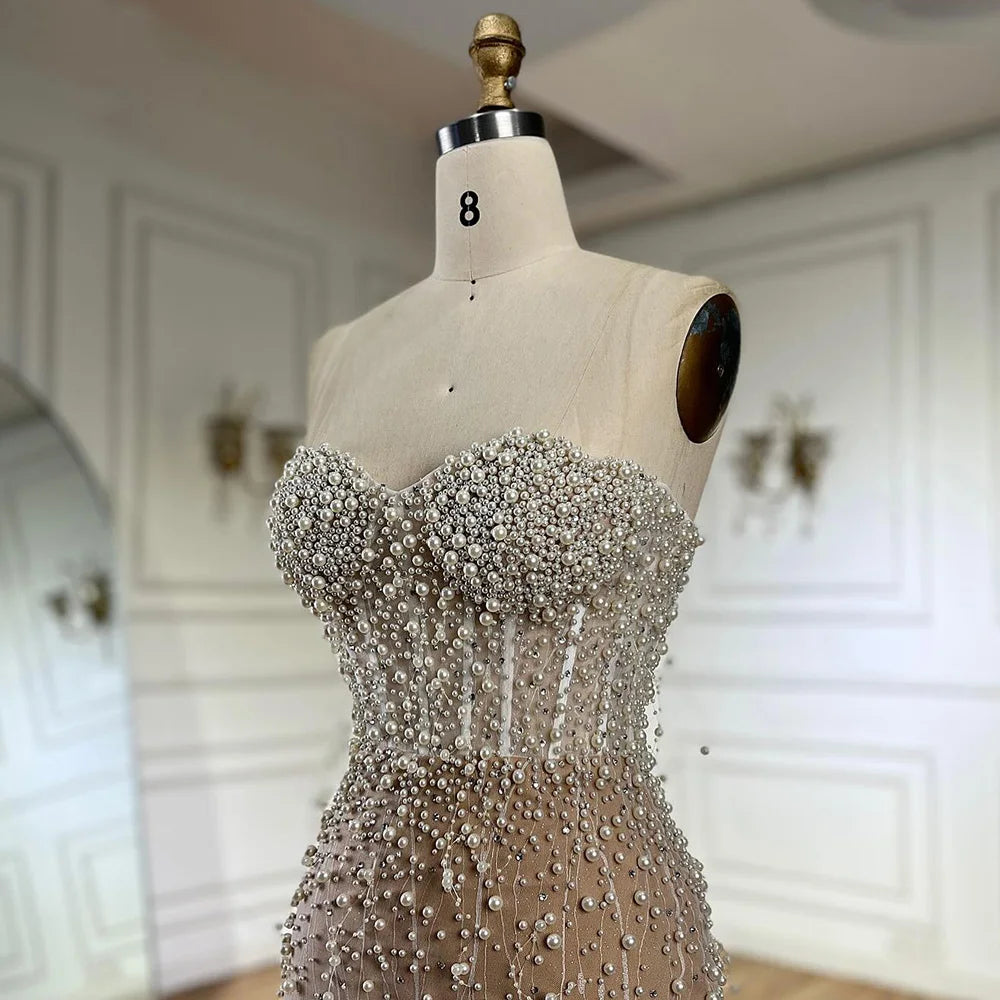 Serene Hill 2024 Arabic White Nude Mermaid Gown Pearls Beading High Split Luxury Dubai Evening Dress for Women's Party LA72544