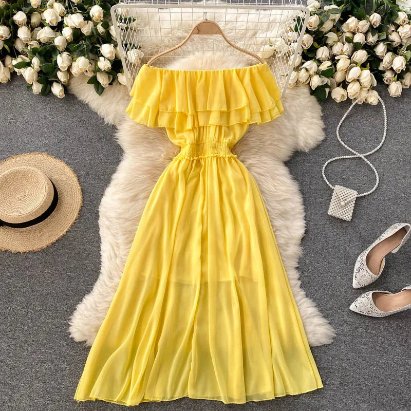 Women Chiffon Beach Dress Sexy Double Layer Ruffled Off The Shoulder Boho Dresses Ladies Sweet Slash Neck Long Dress