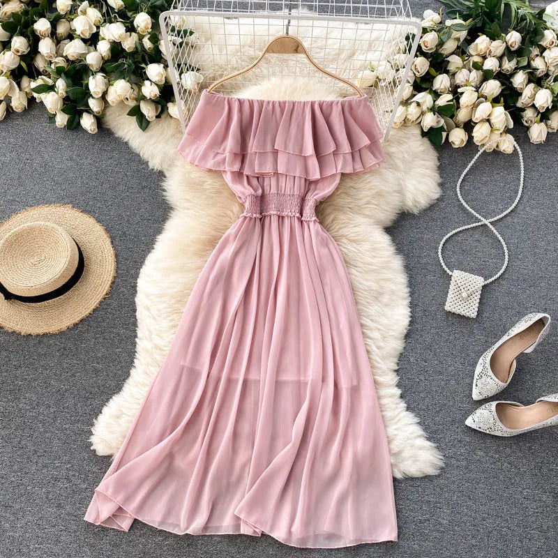 Women Chiffon Beach Dress Sexy Double Layer Ruffled Off The Shoulder Boho Dresses Ladies Sweet Slash Neck Long Dress