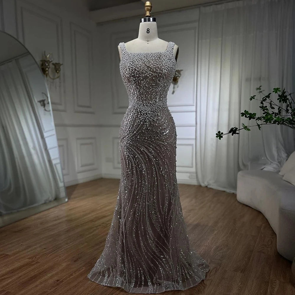 SERENE HILL 2024 White Nude Spaghetti Strap Mermaid Beaded Evening Dresses Luxury Pearls Gowns For Women Wedding Party GLA72266