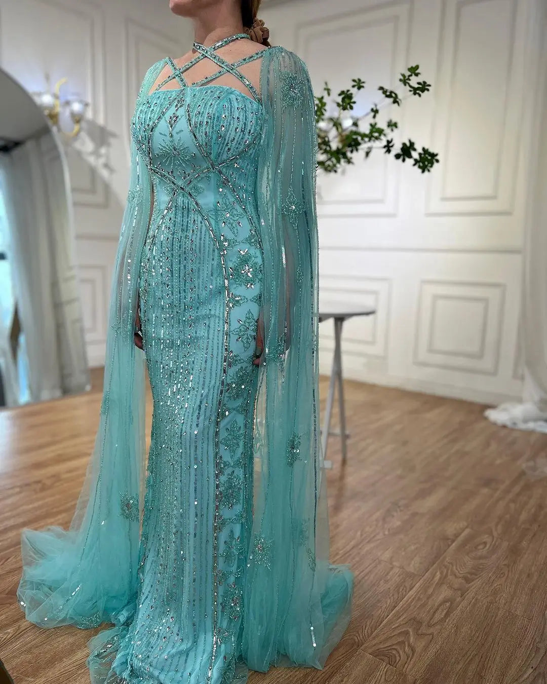 SERENE HILL Arabic Caramel Mermaid Elegant Cape Sleeves Beaded Luxury Evening Dresses 2024 Formal Gown For Women Party GLA71905A