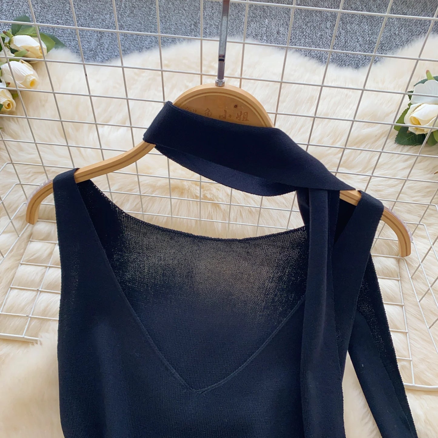 Sexy V-Neck Knitted Mini Dress for Women Elegant Spaghetti Strap Ribbon Slim Dresses One Piece Solid Female Clothes Autumn New