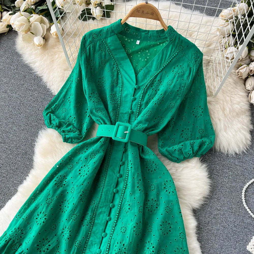 Summer V-neck Hollow Out Dress Women Bubble Sleeves Loose Embroidered Ruffle Edge Long Dresses Ladies Elegant Casual Long Robe