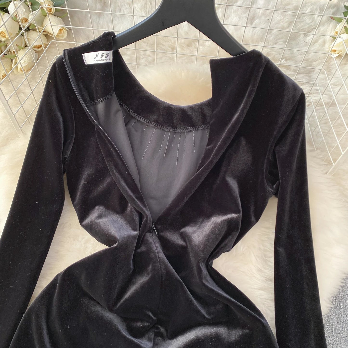 Chic Elegant Long Sleeve O Neck Rhine Stone Sequin Velvet Dress Sexy Vestidos High Waist Women Autumn Ceremonial Dress