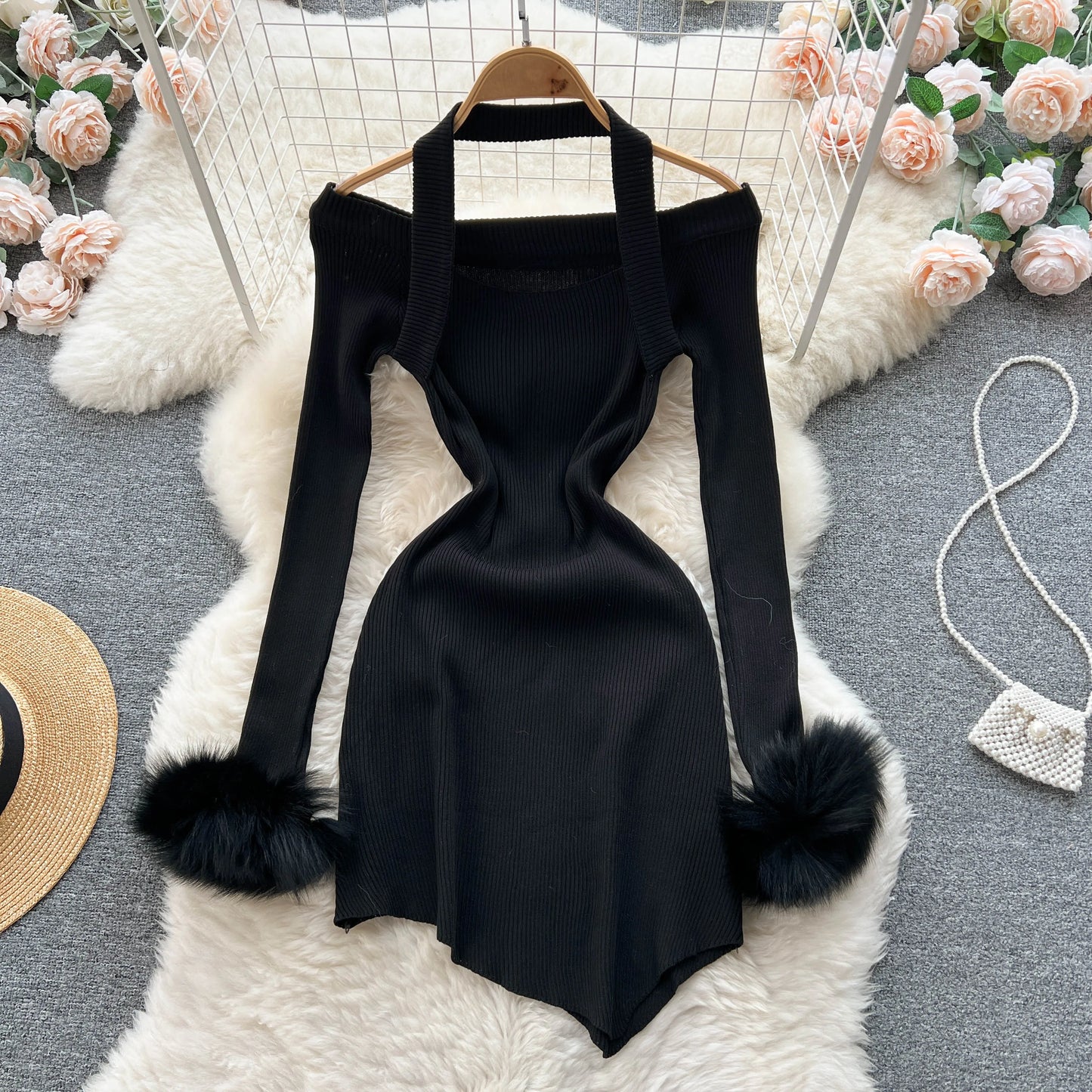 Chic Sexy Halter Bandage Irregular Bodycon Dress Fluffy Long Sleeve Knit Birthday Dress Autumn Winter Pencil Sweater Vestidos