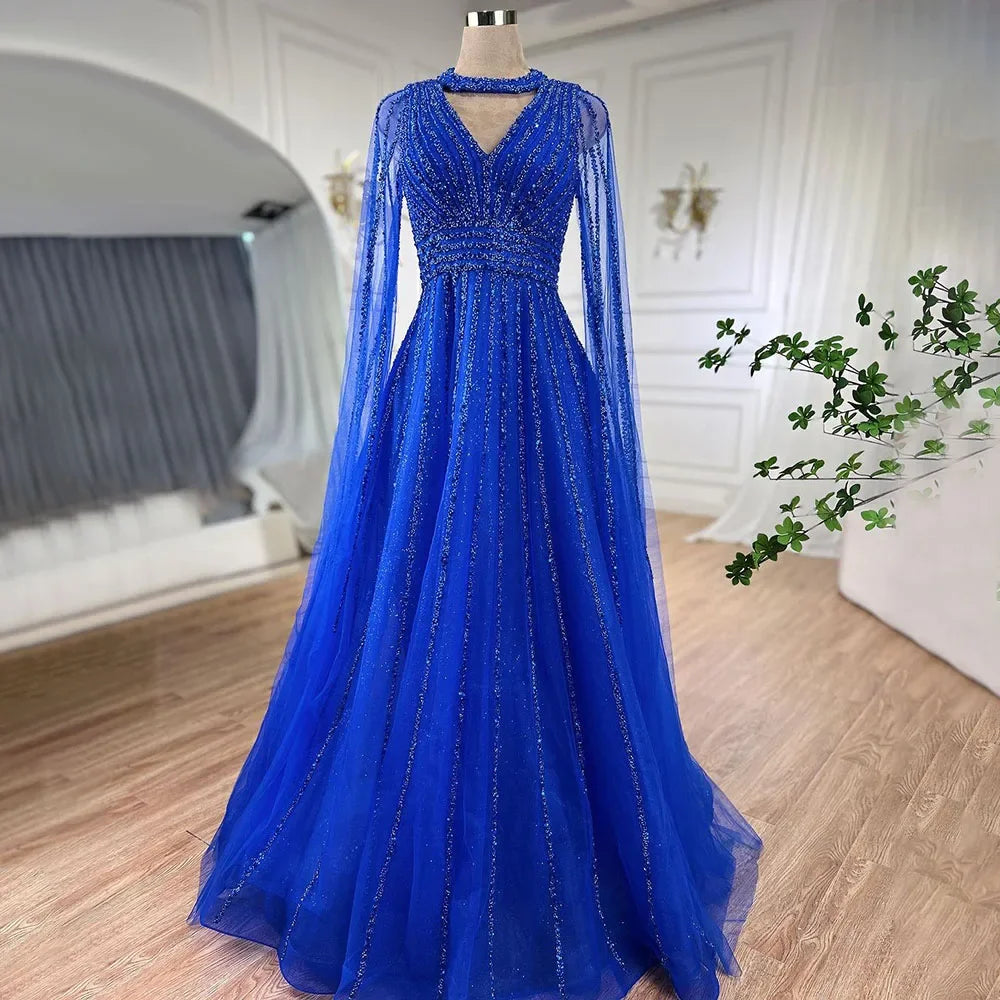 SERENE HILL 2024 Arabic Caramel A-Line Cape Sleeves Beaded Evening Dresses Luxury Gowns For Women Wedding Party GLA72171