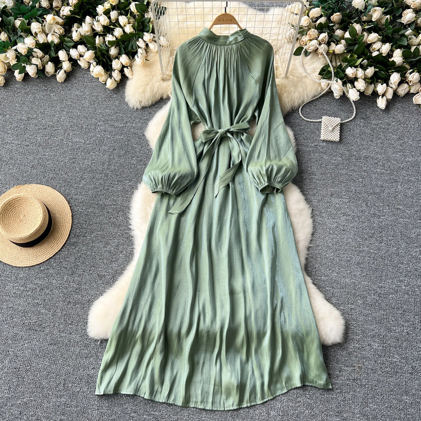 French Vintage Pleated lool sleeve print Lace-up Bow sweet Dress Casual Women Fashion summer dresses