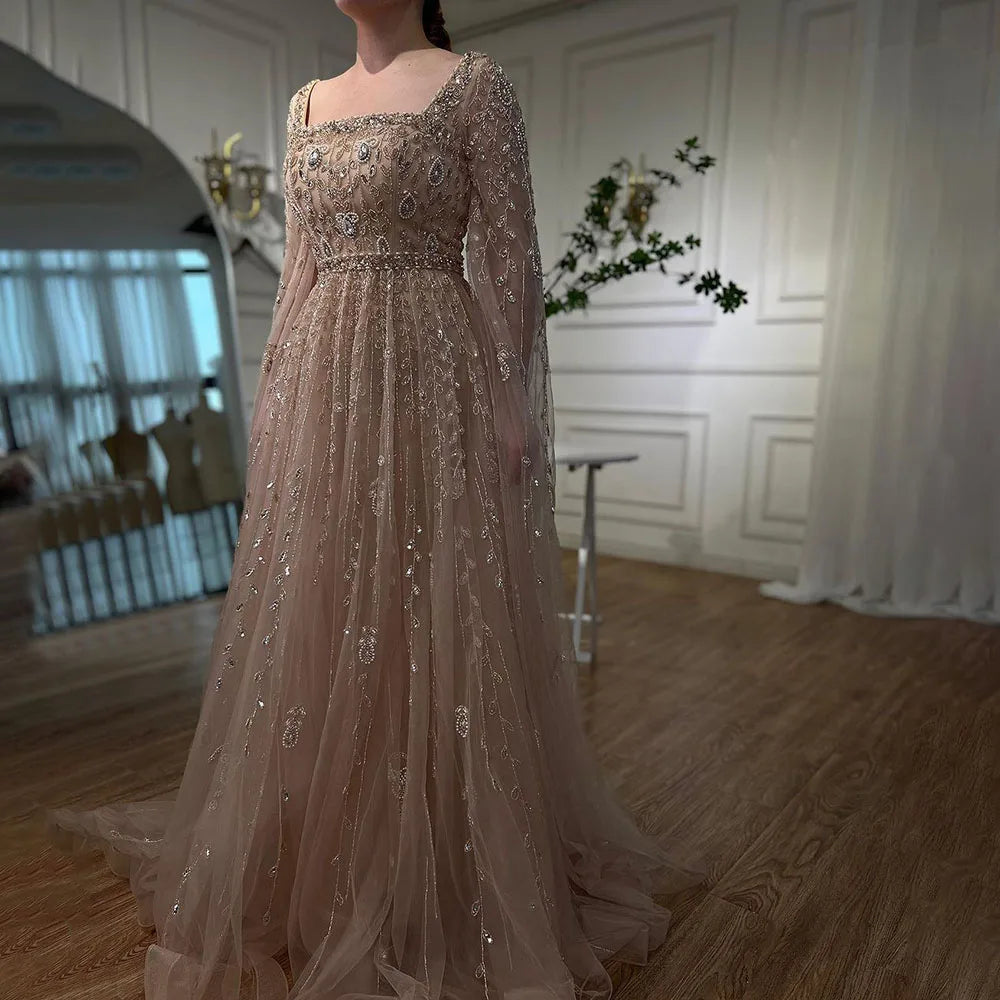 Serene Hill 2024 Muslim Pink A Line Beaded Elegant Cape Sleeve Luxury Evening Dresses Gowns For Women Wedding Party LA71803A