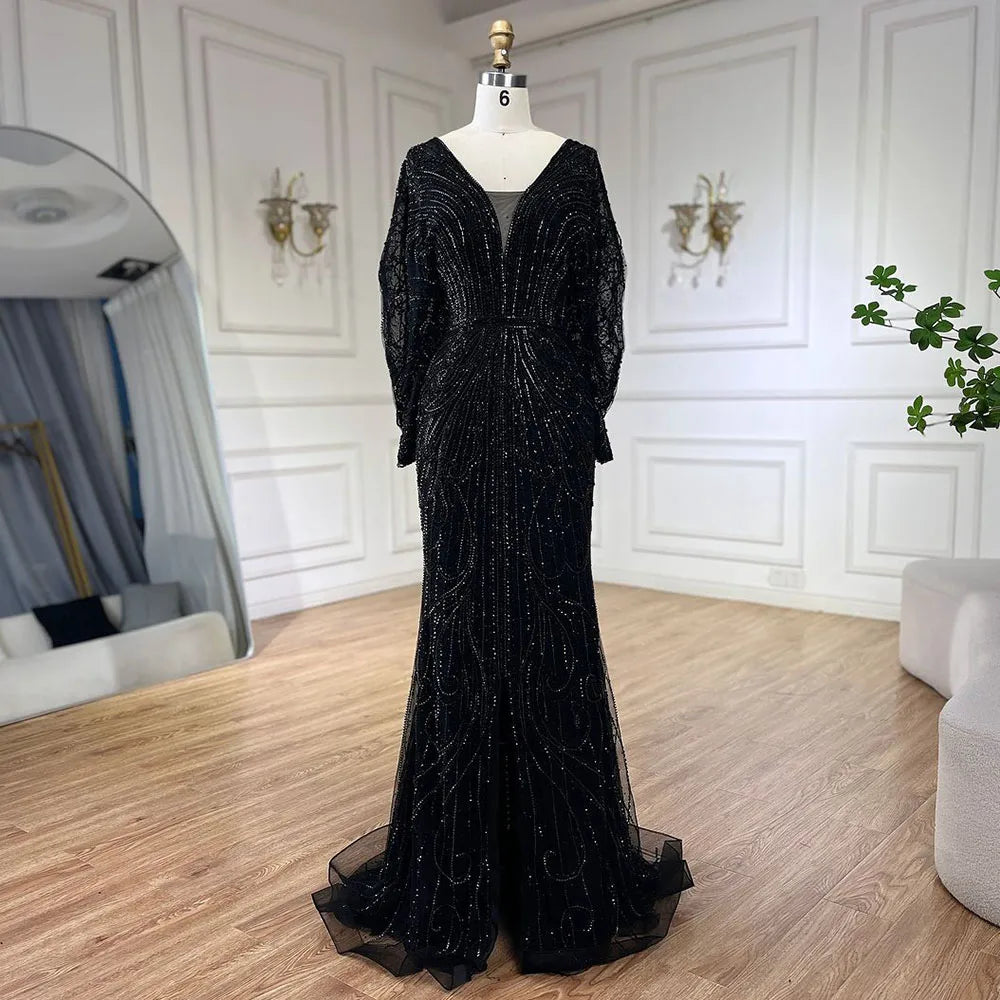 SERENE HILL 2024 Arabic Gold Elegant Mermaid Black Luxury Beaded Evening Dresses Gowns Diamond For Women Wedding Party GLA72288A