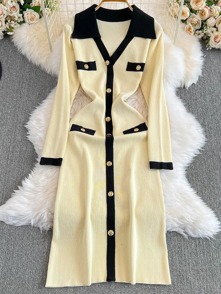 Elegant Women Fashion Casual Bodycon Knitted Dress Vintage Single Breasted Party Birthday Prom Vestidos Female Clothes Long Robe