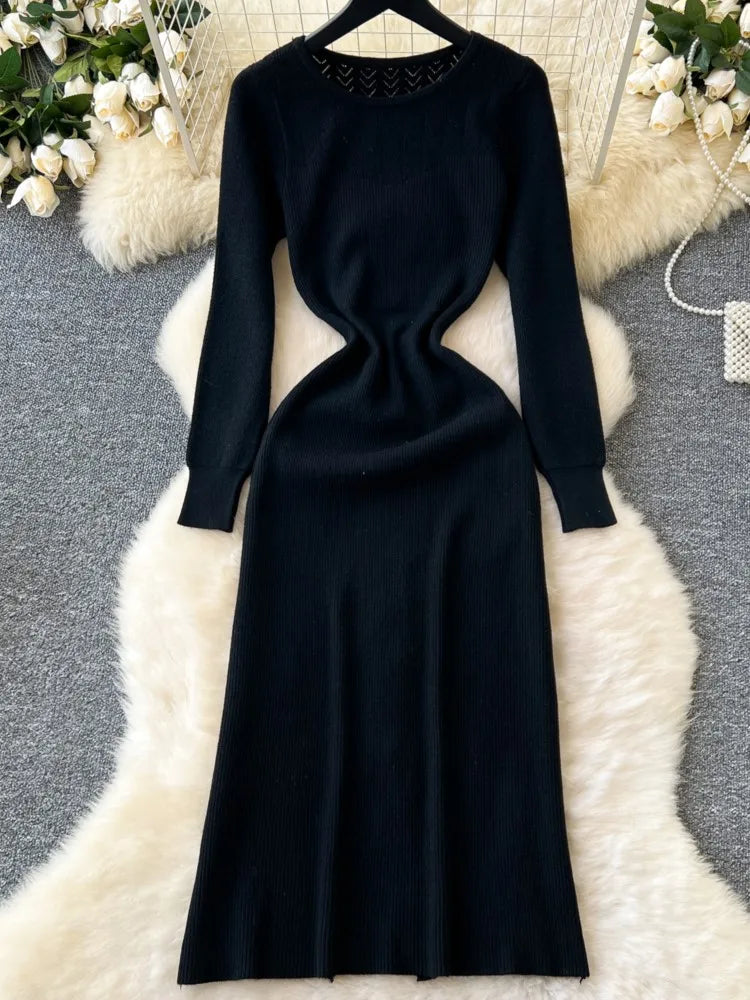 Elegant Solid Knitted Dress for Women Autumn French Vintage O-Neck Long Sleeve Fashion Evening Party Sweater Slim Midi Dresses