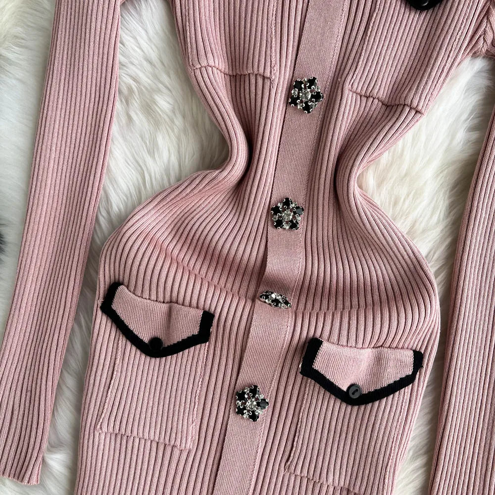 Women Elegant Chic Long Sleeve Sexy Slim Bodycon Dress Vintage Korean Fashion Knit Tight Vestido Autumn Winter Sweater Robe
