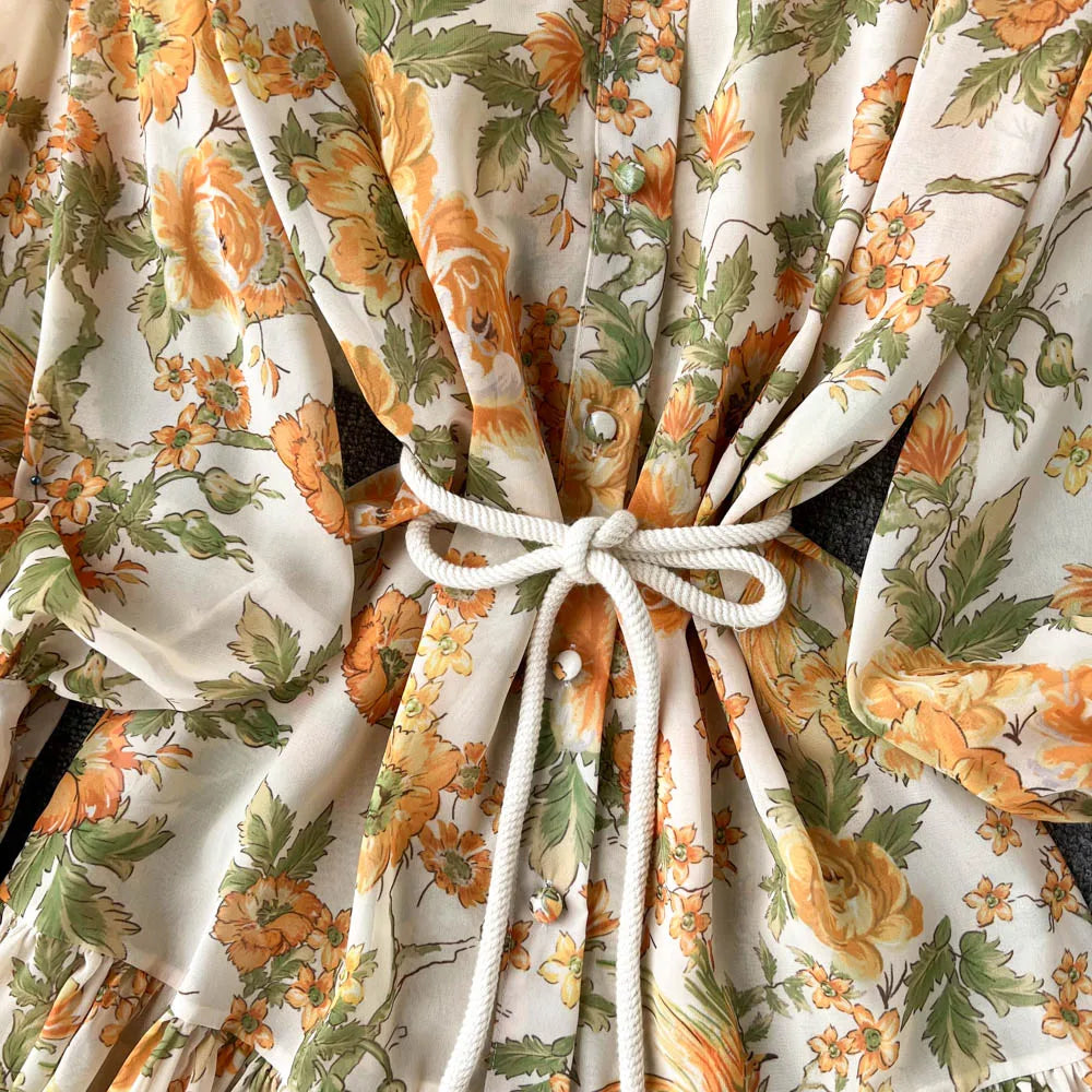 Elegant Party Dresses For Women Stand Collar Vintage Floral Print Dress Long Sleeve Holiday Beach Chiffon Mini Dress With Belt