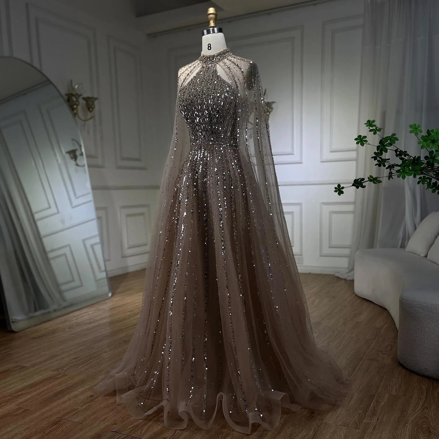 SERENE HILL 2024 Caramel Arabic Dubai Luxury Beaded Cape Sleeves Evening Dresses Formal Gowns For Women Wedding Party GLA72306A