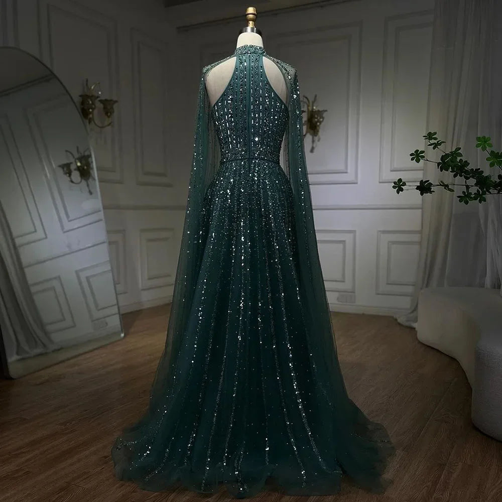 Serene Hill Arabic Turquoise A Line Cape Sleeve Beaded Luxury Dubai Evening Dresses Gowns For Women Wedding Party 2024 BLA72306A