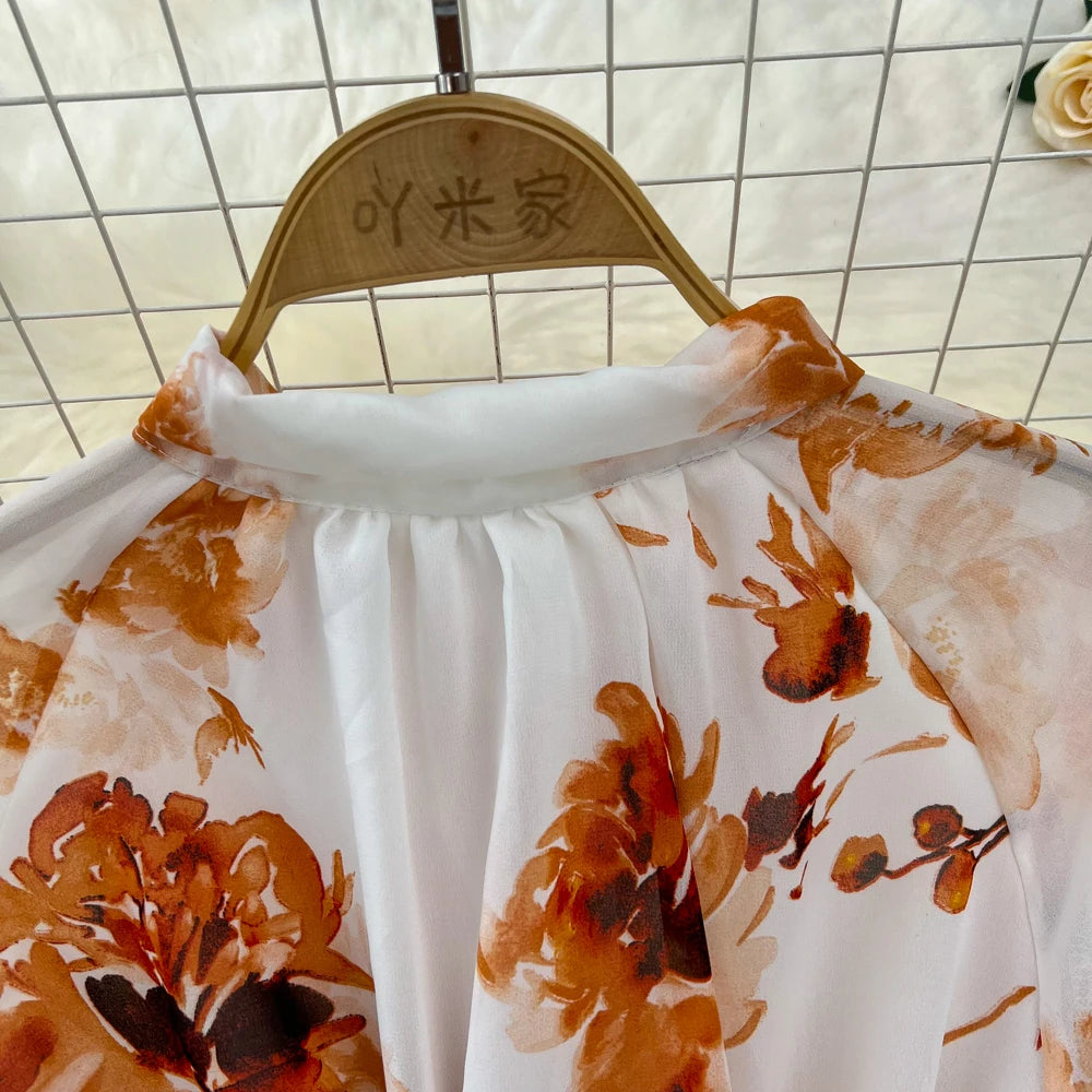 Elegant Casual Women Fashion Floral Print Long Dress Vintage Pleated A-Line Maxi Boho Beach Party Robe Female Clothes Mujers