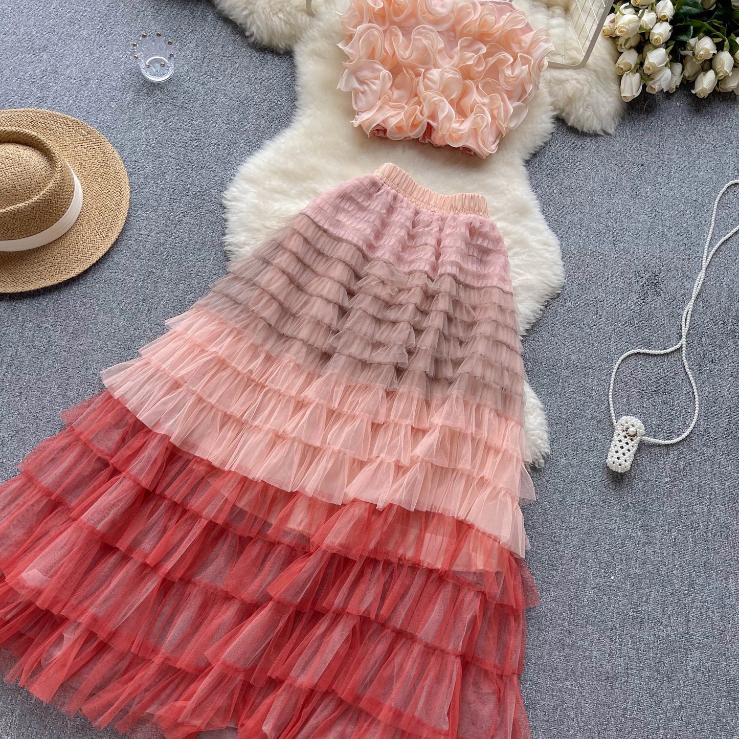 New Women Two Piece Set Summer Three-dimensional Flower Mesh Vest Tank Tops+mesh Long Skirts Fashion Korean Outfits