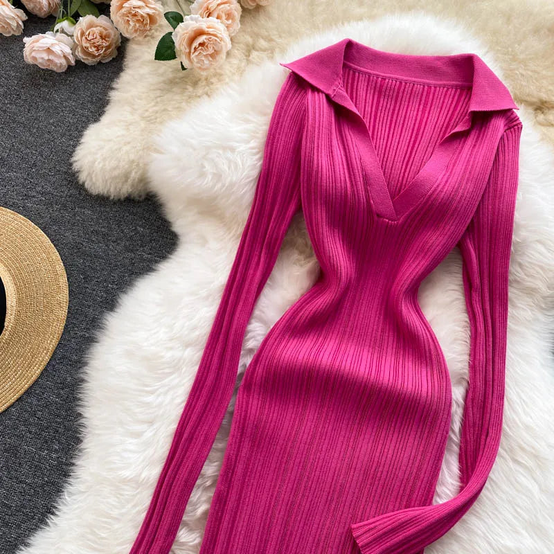 Women Long Sleeve Sexy Bodycon Dress with slit Vintage French Fashion Knit v neck Vestidos Basic Tight Elegant Slim Chic Dresses