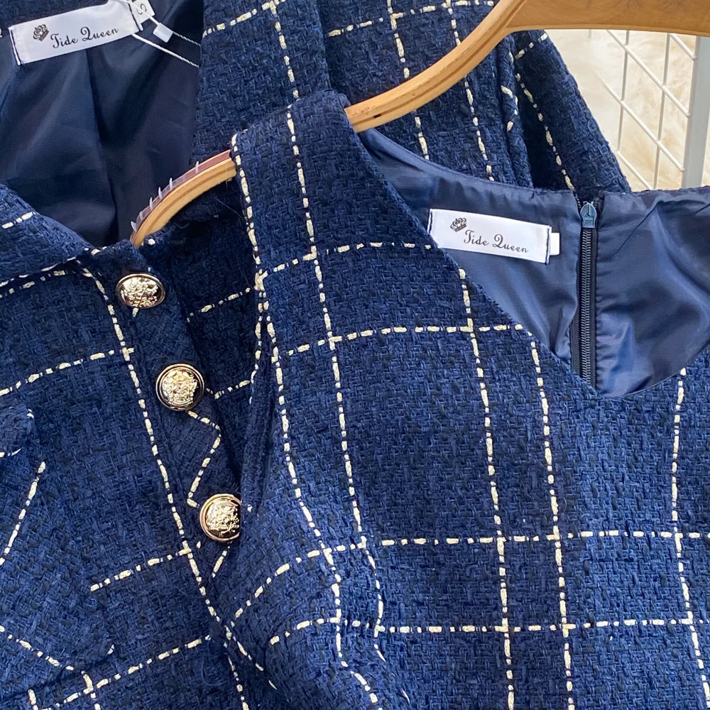 Women Checkered tweed Blazer 2-Piece Set Elegant Small Fragrance Wind Outfit Cropped Jacket+Mini Dresses Suit for Spring Autumn