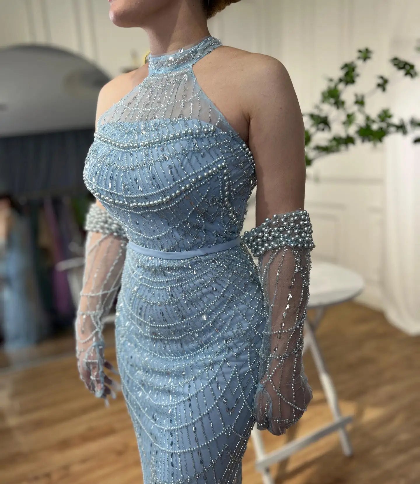 SERENE HILL Dubai Arabic Nude Mermaid With Gloves Luxury Beaded Evening Dresses Gowns 2024 For Women Wedding Party GLA72032A