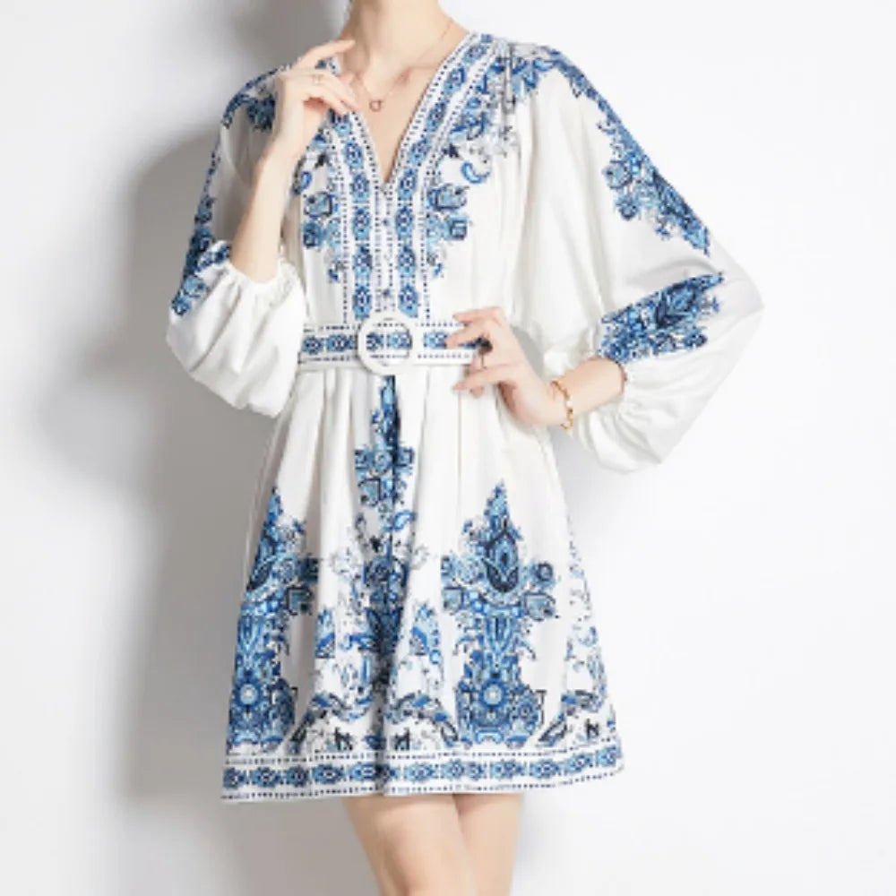 Vintage Print Elegant V-eck Single Breasted Lantern Long Sleeve Dress A-line Casual Women Fashion Summer Spring Vestidos